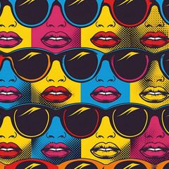 Pop Art Pattern with Colorful Faces and Sunglasses