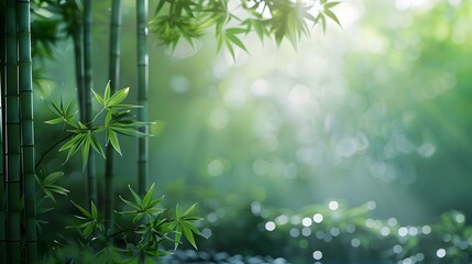 Obraz premium Tranquil bamboo leaves with zen garden backdrop in vibrant green hues