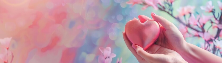 Fototapeta premium A blank podium showcase featuring hands holding a heartshaped gift box, set against a gradient background with plenty of space for text, in soothing pastel tones