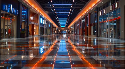 Fototapeta na wymiar Empty shopping mall corridor with bright lights