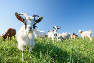 Fototapeta premium Serene and Pastoral Scene of Pygmy Goats Grazing Peacefully in a Grassy Field with Clear Blue Sky