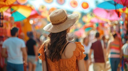 Obraz premium Photo of people sharing fans and excitement at Feria de Malaga, lively background with space for text, minimal, bright style