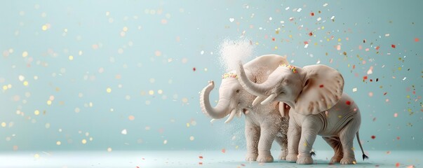 Two white elephants playing in a shower of confetti.