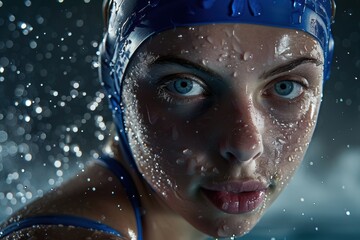 Portrait of an elite swimmer, studio-lit with water droplets accentuating their sharp facial features.