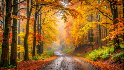 Golden autumn foliage glistens with raindrops on a misty october morning in a serene forest, with rustic trees and vibrant leaves surrounding a winding forest path.