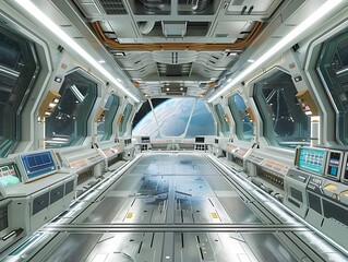 Spaceship interior with white walls and blue ceiling. 3d rendering
