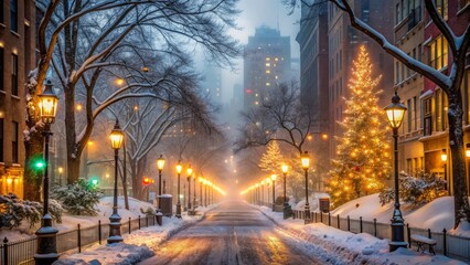 Foggy winter evening in new york city, usa, with snow-covered streets, cozy christmas lights, and lanterns illuminating a quiet traffic road, sans pedestrians, in 16:9 ratio.