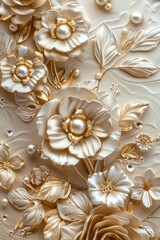 background with golden ornament, 3d flowers, white, with shadow generated.ai
