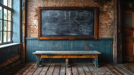 Old Wooden Bench in Front of a Chalkboard.