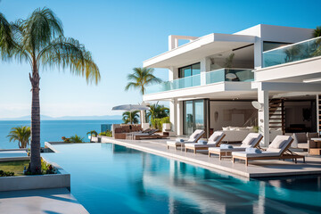 Fototapeta premium Sea view.Luxury modern white beach hotel with swimming pool. Sunbed on sundeck for vacation home or hotel.