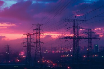 Huge electricity pylon power line transmission towers transporting power over the Dnipro river