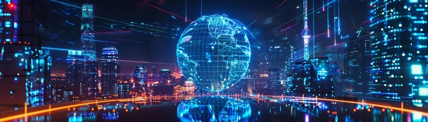 Fototapeta premium A futuristic scene with a holographic globe made of neon lines and points