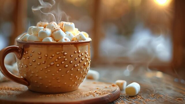 A close-up shot of a steaming cup of hot chocolate topped with marshmallows on a wooden table.