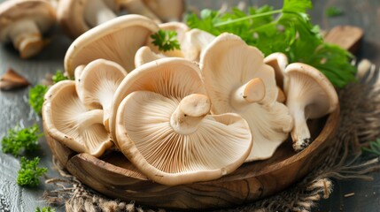 Fresh oyster mushrooms on wooden plate with parsley, Eating Vegetarian Food Natural