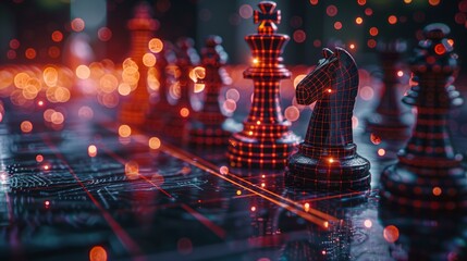 Glowing red black knight on chessboard with glowing red background artificial intelligence, chess tactics adaptation