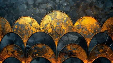 Abstract art deco composition with golden elements black marble texture, glamour lines pattern