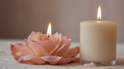 candles are lit and sitting on a table with a flower