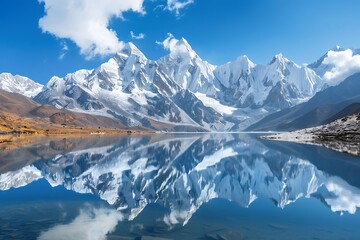 Obraz premium Fantastic landscape with snow-capped mountains reflected in lake