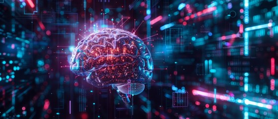 Fototapeta premium A hightech digital brain with vibrant neon lights and intricate circuits