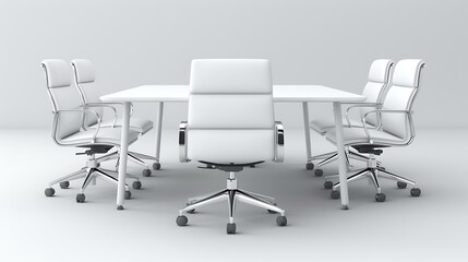 Obraz premium A detailed 3D rendering of a business meeting table with five white office chairs arranged around it.