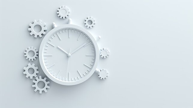 A stylized 3D illustration of a large clock surrounded by several mechanical gears in a monochromatic color scheme.