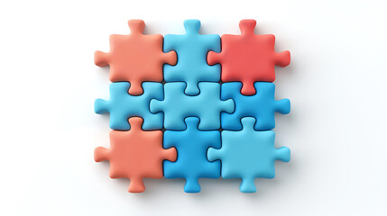 A clean and minimalistic 3D-rendered image of nine interlocking puzzle pieces, with a mix of blue and orange colors on a white background.