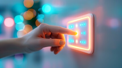 A hand adjusting a glowing dimmer switch on a wall with a colorful blurred background.
