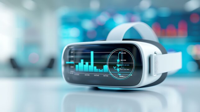 A close-up view of a VR headset displaying a digital stock market chart with blue LED lights on a clear background, illustrating financial data trends.