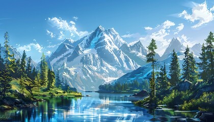 Fototapeta premium Fantastic landscape with snow-capped mountains reflected in lake