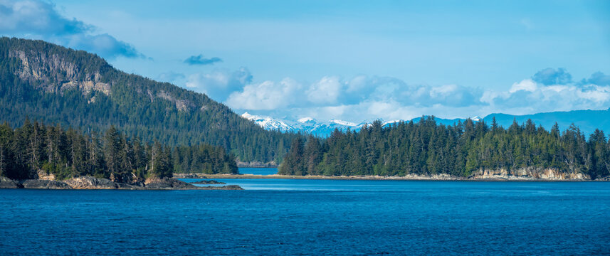 Straits, fjords, channels, forests, mountains along the inside passage of Alaska, USA