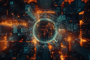 Fototapeta premium A top view of a glowing digital globe in the center of a reflective surface, with a city skyline around the edges and space in the middle for text, in a modern, minimalist design
