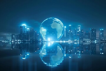 A top view of a glowing digital globe in the center of a reflective surface, with a city skyline around the edges and space in the middle for text, in a modern, minimalist design