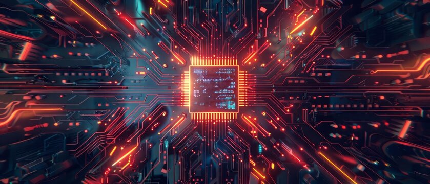 A topview image of a futuristic circuit board with a glowing microchip in the center