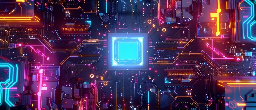 A topview image of a futuristic circuit board with a glowing microchip in the center