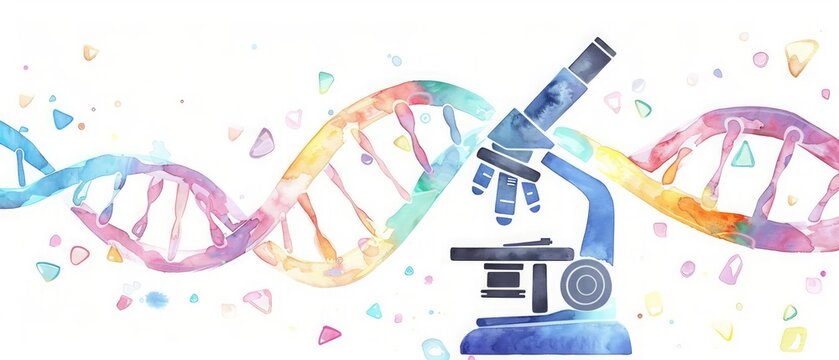 A watercolor clipart of a whimsical microscope analyzing a colorful DNA strand