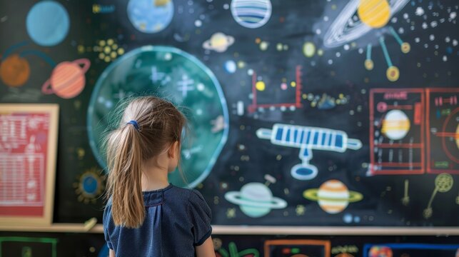 A girl focus on school science board with diagrams of the solar system, lab equipment drawings
