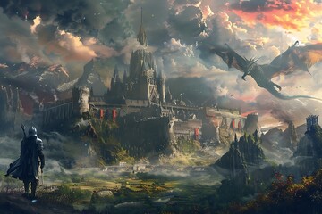Fantasy landscape with a knight on the background of the castle.