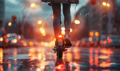 girl riding a scooter against the background of sunset in the city, rear view, eco transportation, ideal for advertising scooter apps