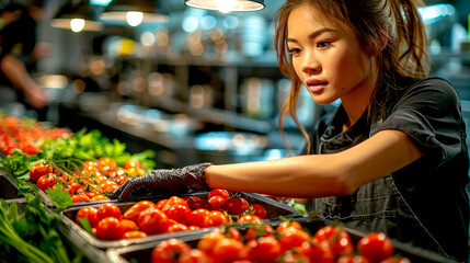 Obraz premium A kitchen assistant prepares the food in a professional kitchen. The scene is centered on the kitchen assistant preparing the ingredients.
