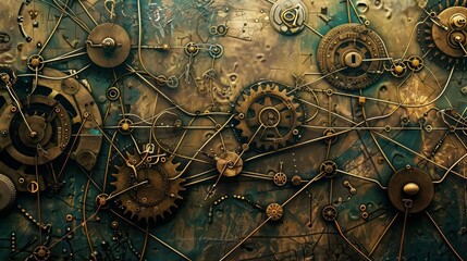 Fototapeta premium An illustration of a steampunkinspired network with mechanical user icons, gears, and data symbols interconnected by intricate lines, set against a detailed, vintage background