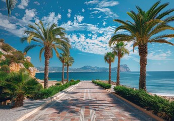 Obraz premium Brick Pathway Leading to a Blue Sea With Palm Trees and a Sunny Sky