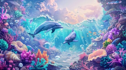 Illustration of A whimsical ocean with talking dolphins,  magical waves,  and enchanted seashells