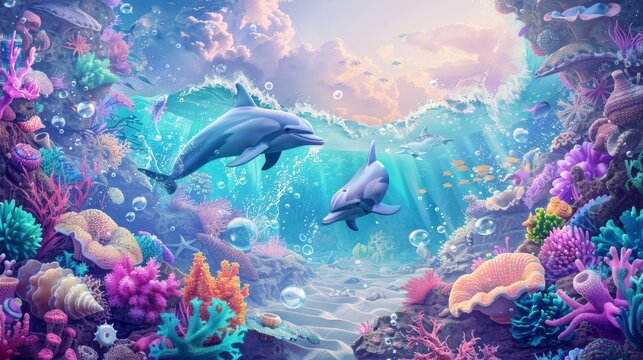 Illustration of A whimsical ocean with talking dolphins,  magical waves,  and enchanted seashells