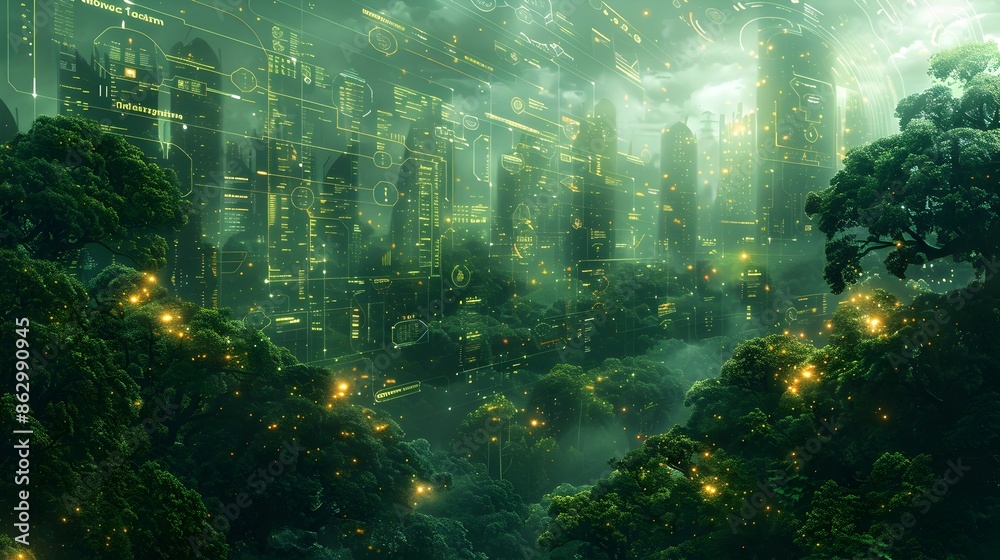 Poster lively forest canopy intertwined with interactive infographics and data visualizations symbolizing