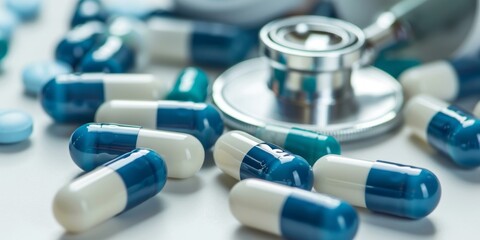 Blue and white capsules and stethoscope on white background. Close up photo of blue and white capsules with a stethoscope, representing healthcare and medical treatment.