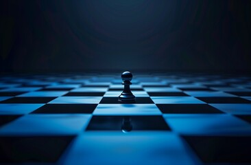 A chessboard with one black pawn on the first square, background in dark blue gradient