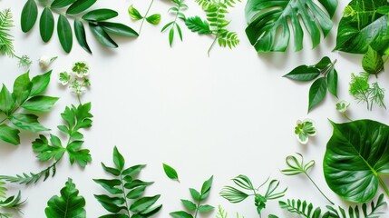 Fototapeta premium Floral and foliage frame on white background in flat lay style Overhead view