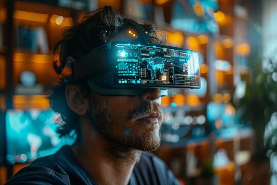 Man wearing futuristic AR headset experiencing augmented reality in a tech-filled environment with glowing holograms. - Powered by Adobe