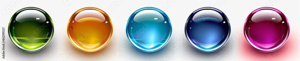Fototapete 5 colored glass buttons on a white background, with a realistic and detailed rendering style in the style of hyperrealism.