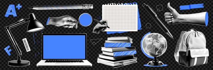  A set of cutout trending elements halftone collage on the theme of education and back to school. Stationery, books, laptop, lamp globe. Contemporary vector graphics.